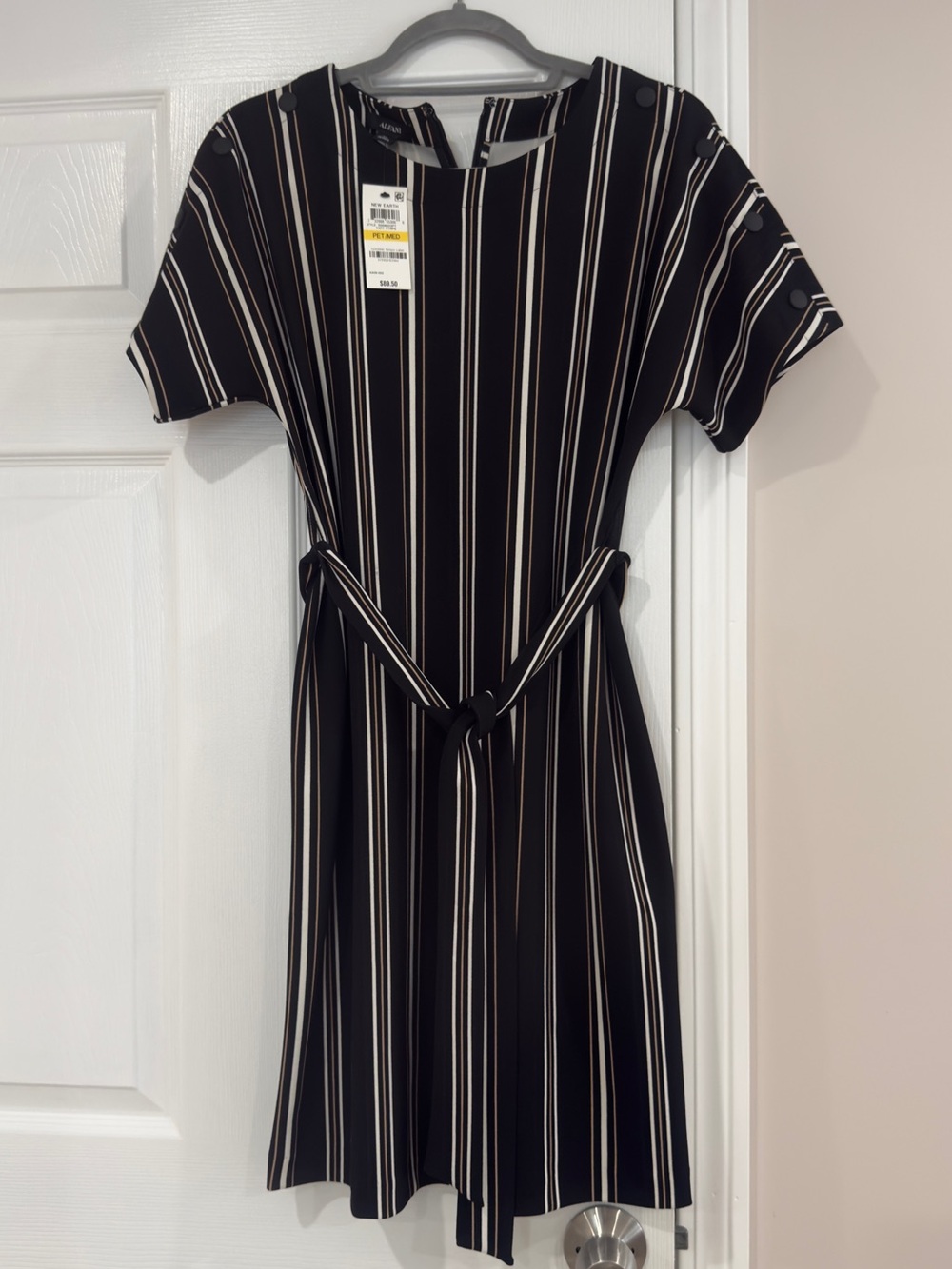 Alfani Black Dress with White and Tan Vertical Stripes